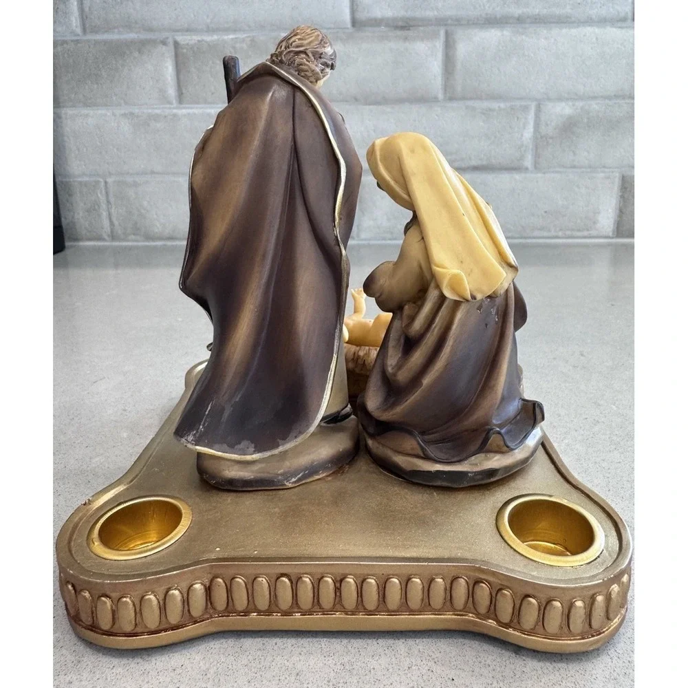 Holy Family Nativity Scene with 3 Figures and Candle Holders Gold Tone Base